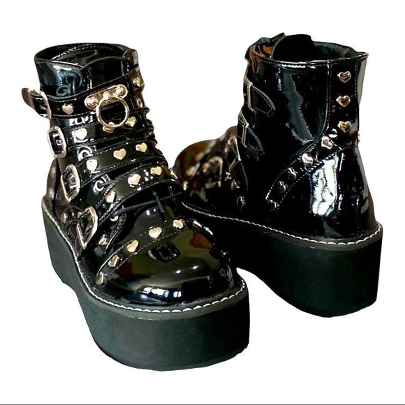 Black Patent Tainted Love Platform Moto Combat Boots NEW - Picture 2 of 4
